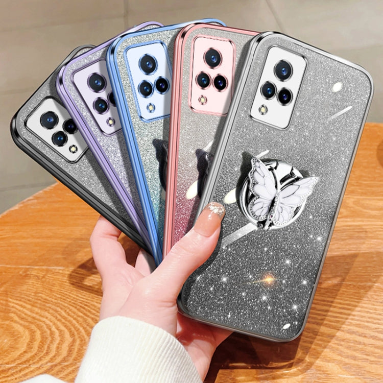 For vivo V21 4G / 5G Plated Gradient Glitter Butterfly Holder TPU Phone Case