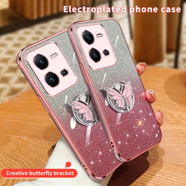 For vivo V25 5G Plated Gradient Glitter Butterfly Holder TPU Phone Case