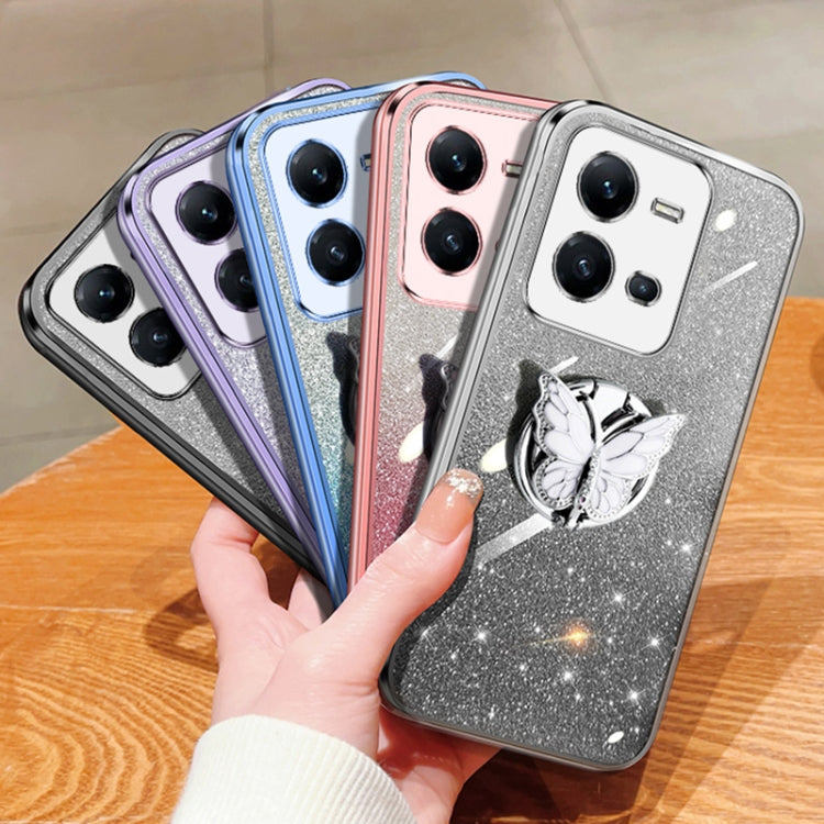 For vivo V25 5G Plated Gradient Glitter Butterfly Holder TPU Phone Case