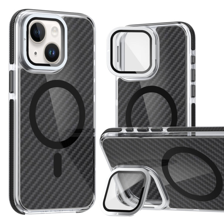 For iPhone 14 Plus Magsafe Dual-Color Carbon Fiber Lens Film Phone Case with Lens Fold Holder