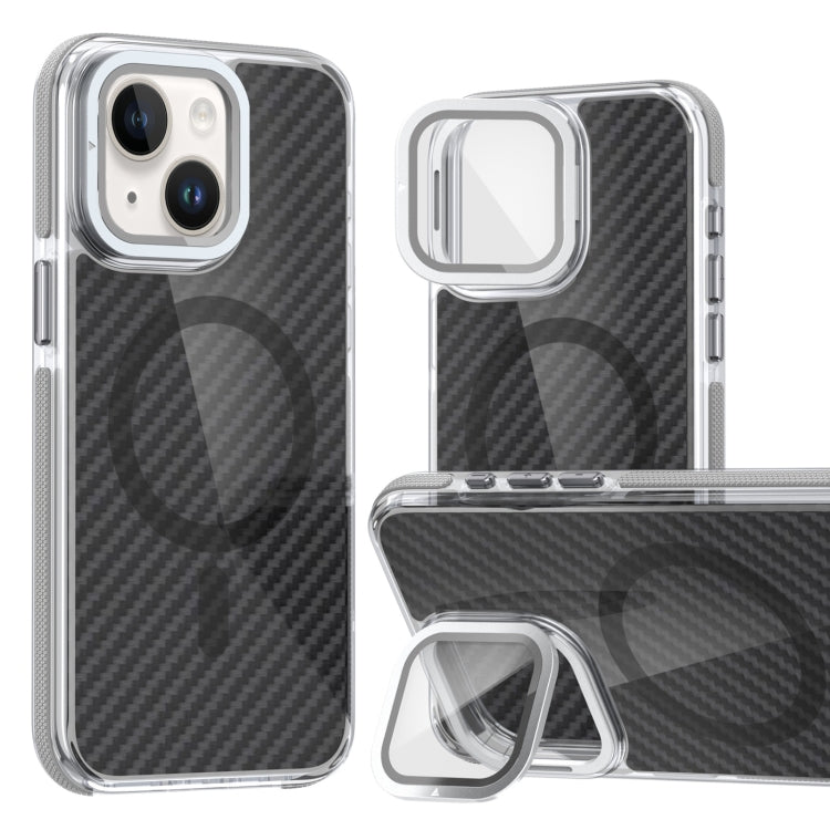For iPhone 14 Plus Magsafe Dual-Color Carbon Fiber Lens Film Phone Case with Lens Fold Holder
