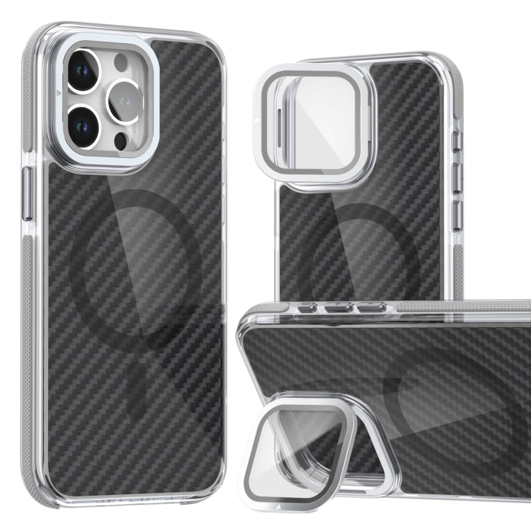 For iPhone 14 Pro Max Magsafe Dual-Color Carbon Fiber Lens Film Phone Case with Lens Fold Holder