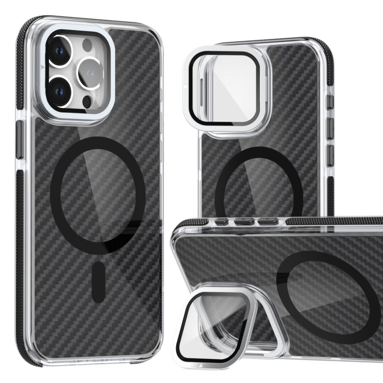 For iPhone 13 Pro Max Magsafe Dual-Color Carbon Fiber Lens Film Phone Case with Lens Fold Holder