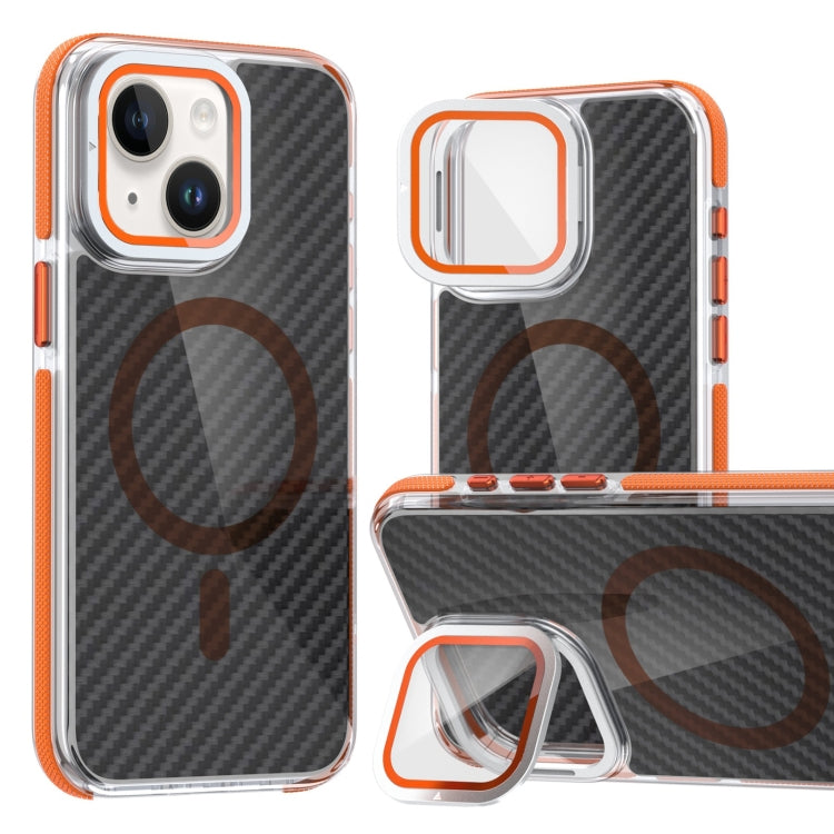 For iPhone 13 / 14 Magsafe Dual-Color Carbon Fiber Lens Film Phone Case with Lens Fold Holder