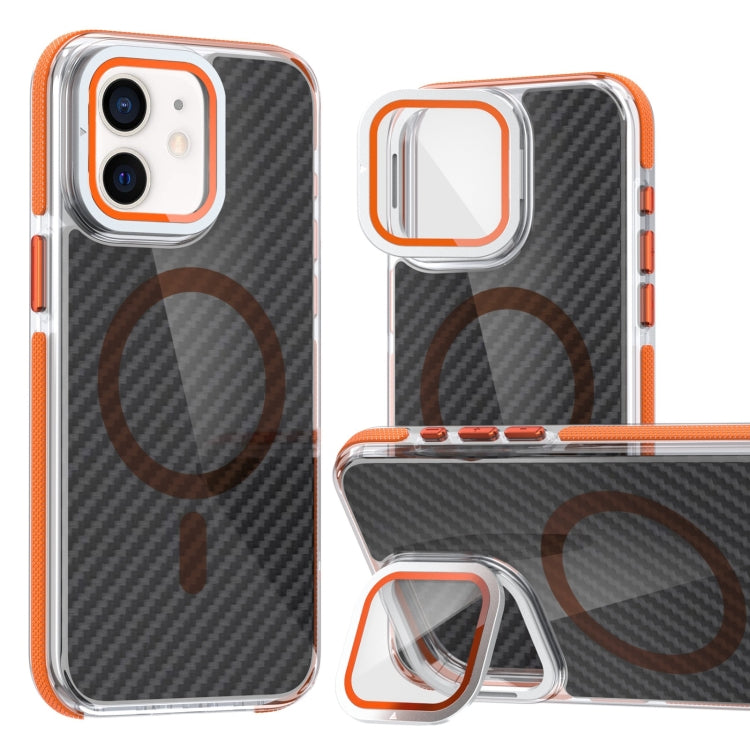 For iPhone 12 Pro / 12 Magsafe Dual-Color Carbon Fiber Lens Film Phone Case with Lens Fold Holder
