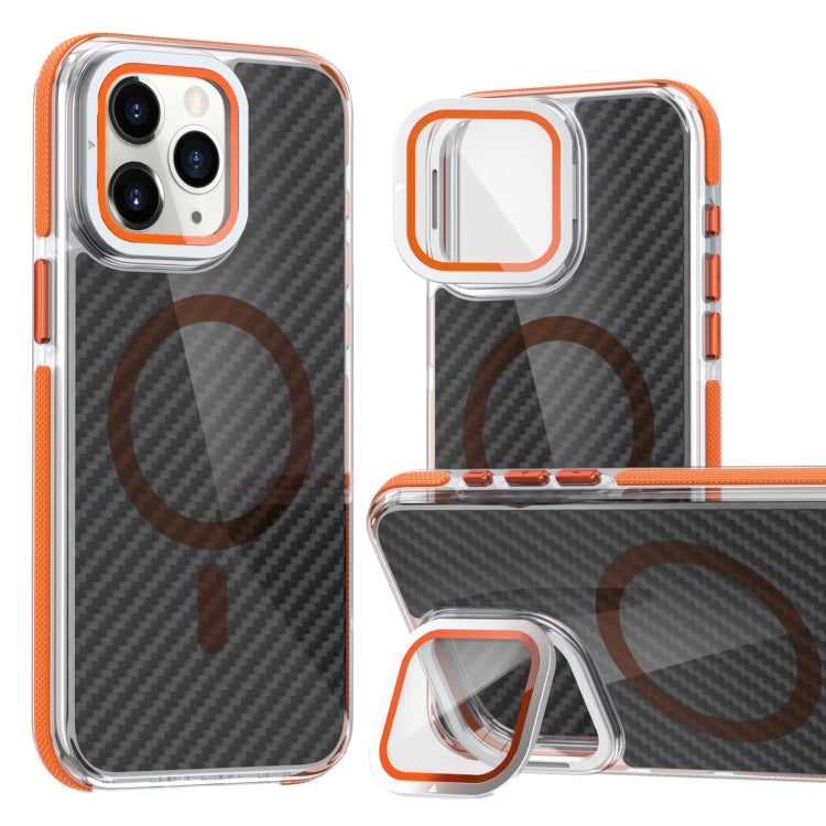 For iPhone 11 Pro Max Magsafe Dual-Color Carbon Fiber Lens Film Phone Case with Lens Fold Holder