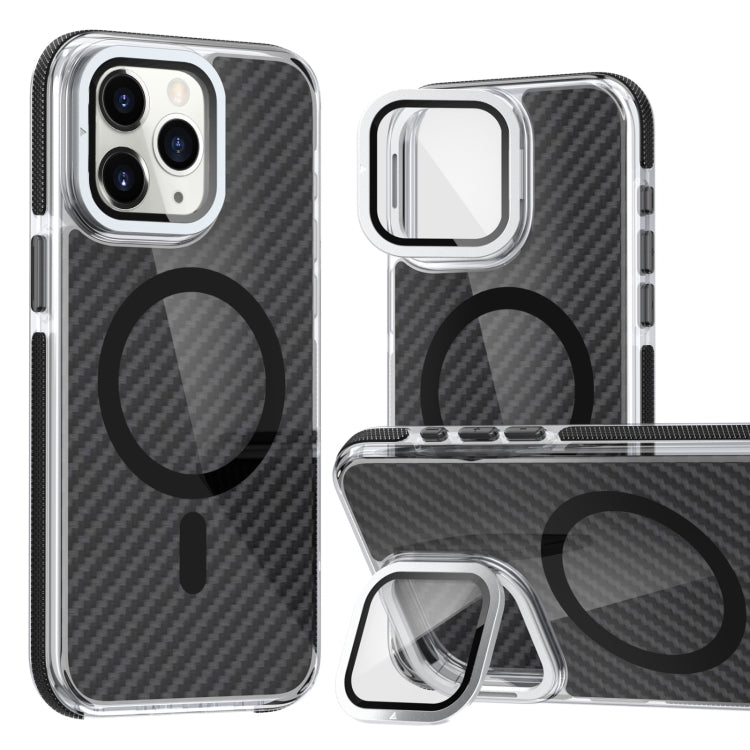 For iPhone 11 Pro Max Magsafe Dual-Color Carbon Fiber Lens Film Phone Case with Lens Fold Holder