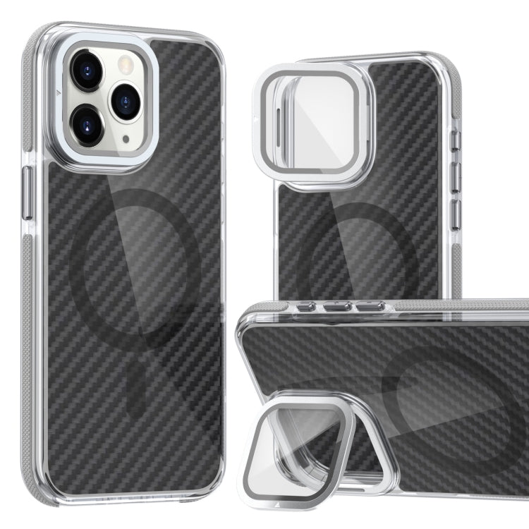 For iPhone 11 Pro Max Magsafe Dual-Color Carbon Fiber Lens Film Phone Case with Lens Fold Holder