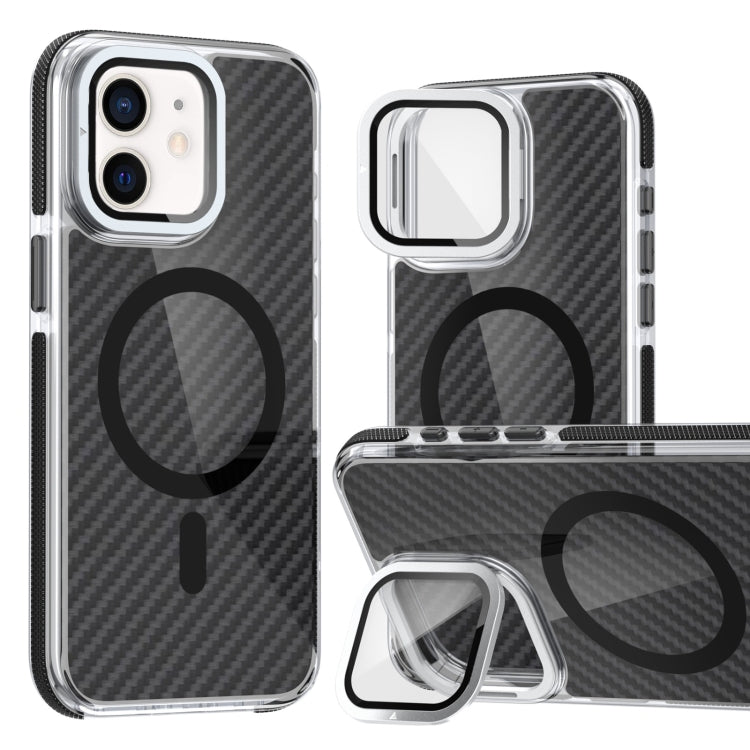 For iPhone 11 Magsafe Dual-Color Carbon Fiber Lens Film Phone Case with Lens Fold Holder