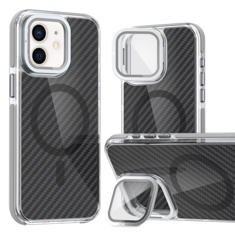 For iPhone 11 Magsafe Dual-Color Carbon Fiber Lens Film Phone Case with Lens Fold Holder