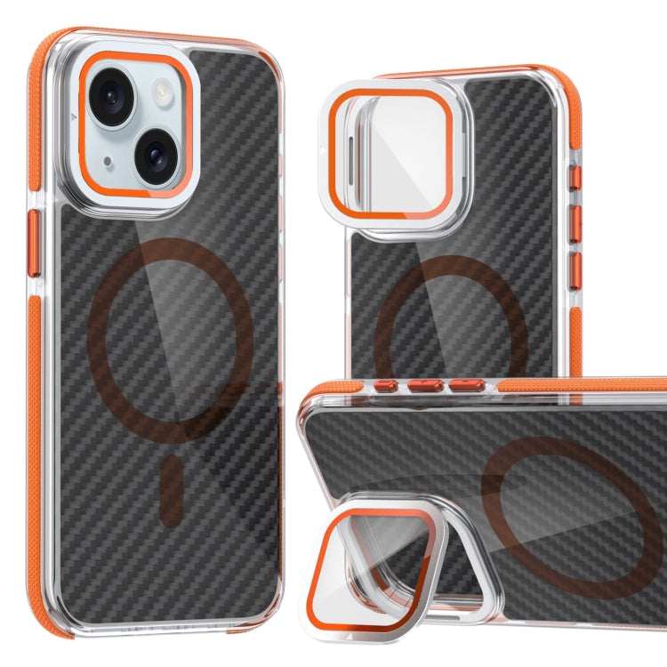 For iPhone 15 Magsafe Dual-Color Carbon Fiber Lens Film Phone Case with Lens Fold Holder