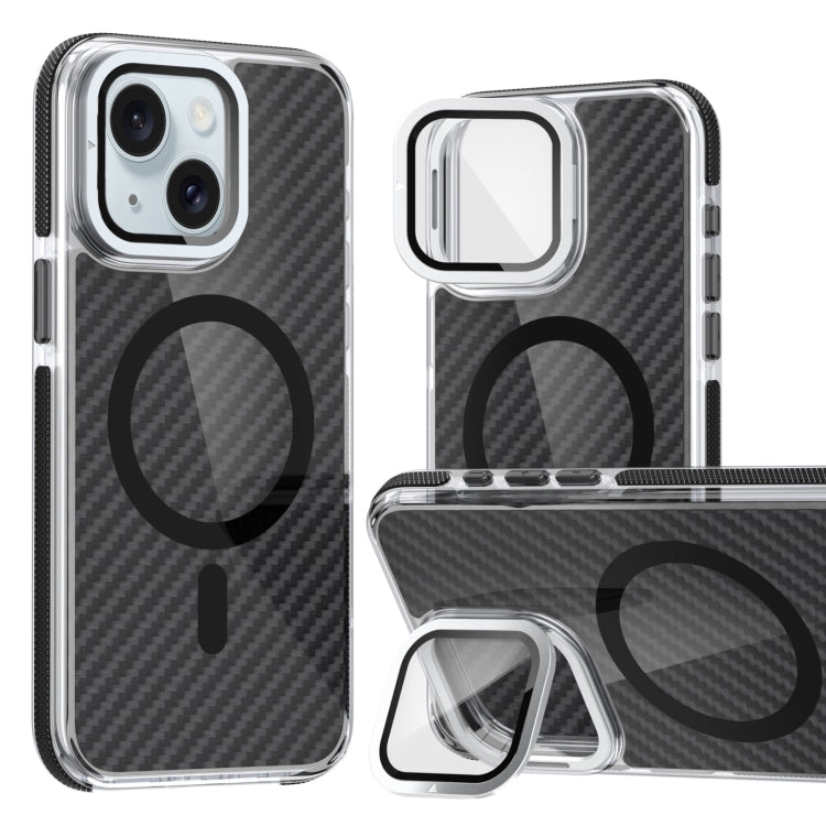 For iPhone 15 Magsafe Dual-Color Carbon Fiber Lens Film Phone Case with Lens Fold Holder