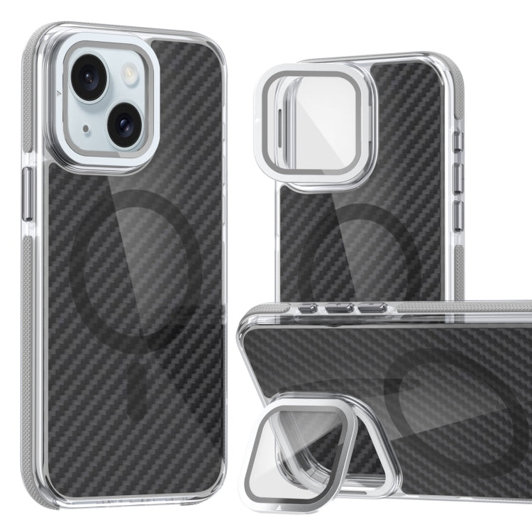 For iPhone 15 Plus Magsafe Dual-Color Carbon Fiber Lens Film Phone Case with Lens Fold Holder