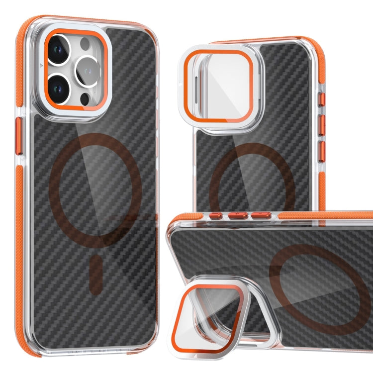 For iPhone 15 Pro Max Magsafe Dual-Color Carbon Fiber Lens Film Phone Case with Lens Fold Holder