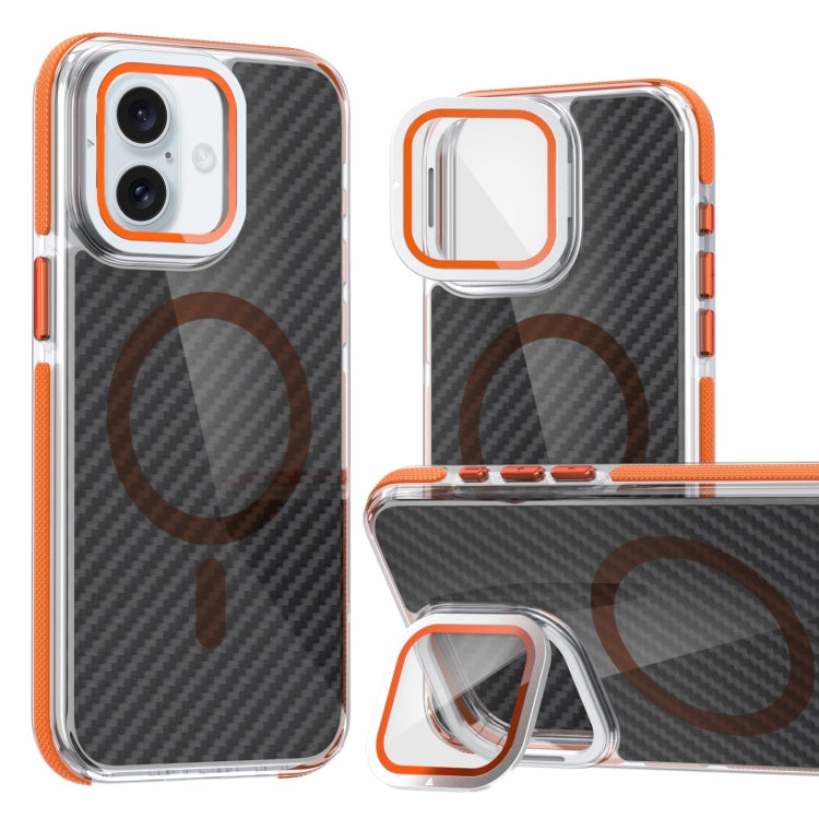 For iPhone 16 Magsafe Dual-Color Carbon Fiber Lens Film Phone Case with Lens Fold Holder