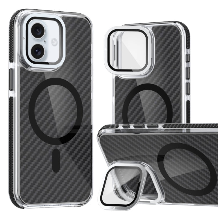 For iPhone 16 Magsafe Dual-Color Carbon Fiber Lens Film Phone Case with Lens Fold Holder