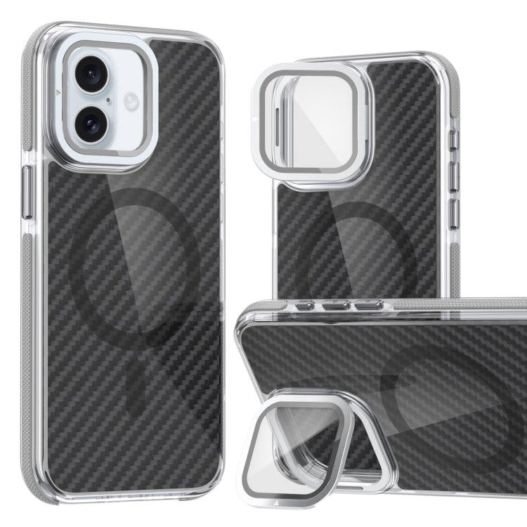 For iPhone 16 Magsafe Dual-Color Carbon Fiber Lens Film Phone Case with Lens Fold Holder