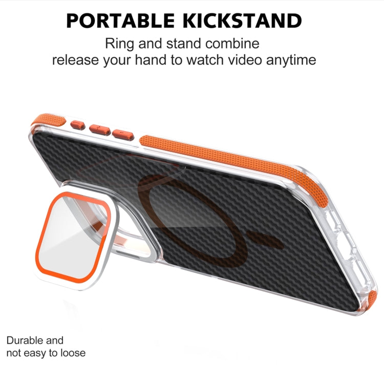 For iPhone 16 Plus Magsafe Dual-Color Carbon Fiber Lens Film Phone Case with Lens Fold Holder