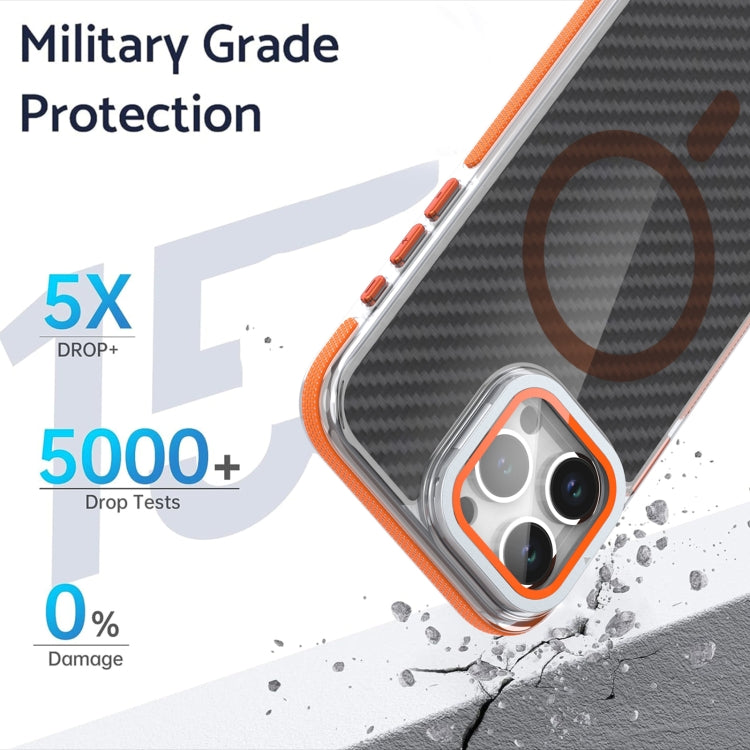 For iPhone 14 Plus Magsafe Dual-Color Carbon Fiber Lens Film Phone Case with Lens Fold Holder
