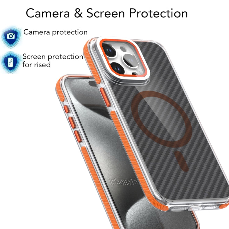 For iPhone 16 Magsafe Dual-Color Carbon Fiber Lens Film Phone Case with Lens Fold Holder