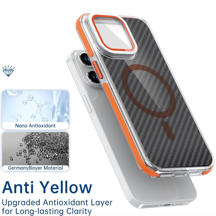 For iPhone 14 Plus Magsafe Dual-Color Carbon Fiber Lens Film Phone Case with Lens Fold Holder