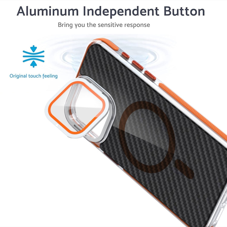 For iPhone 15 Magsafe Dual-Color Carbon Fiber Lens Film Phone Case with Lens Fold Holder