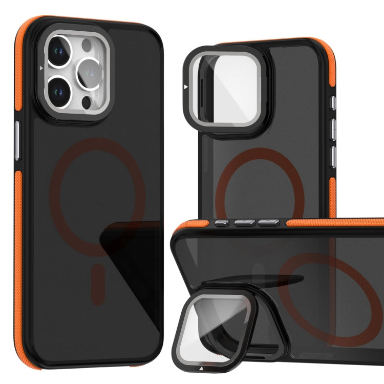For iPhone 16 Pro Magsafe Dual-Color Skin Feel Lens Film Phone Case with Lens Fold Holder