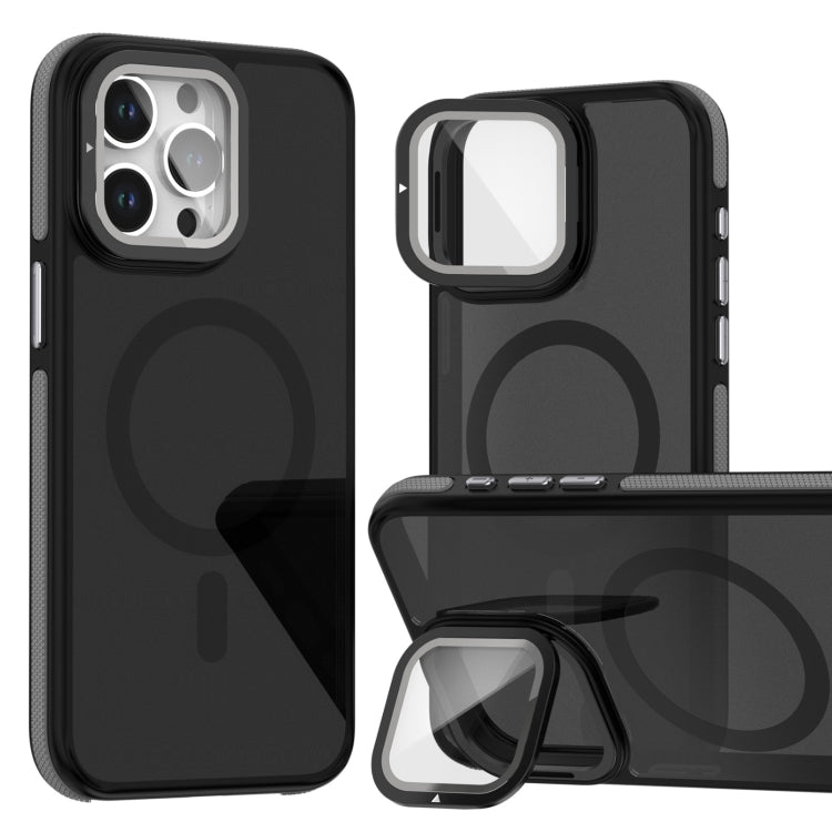 For iPhone 16 Pro Magsafe Dual-Color Skin Feel Lens Film Phone Case with Lens Fold Holder
