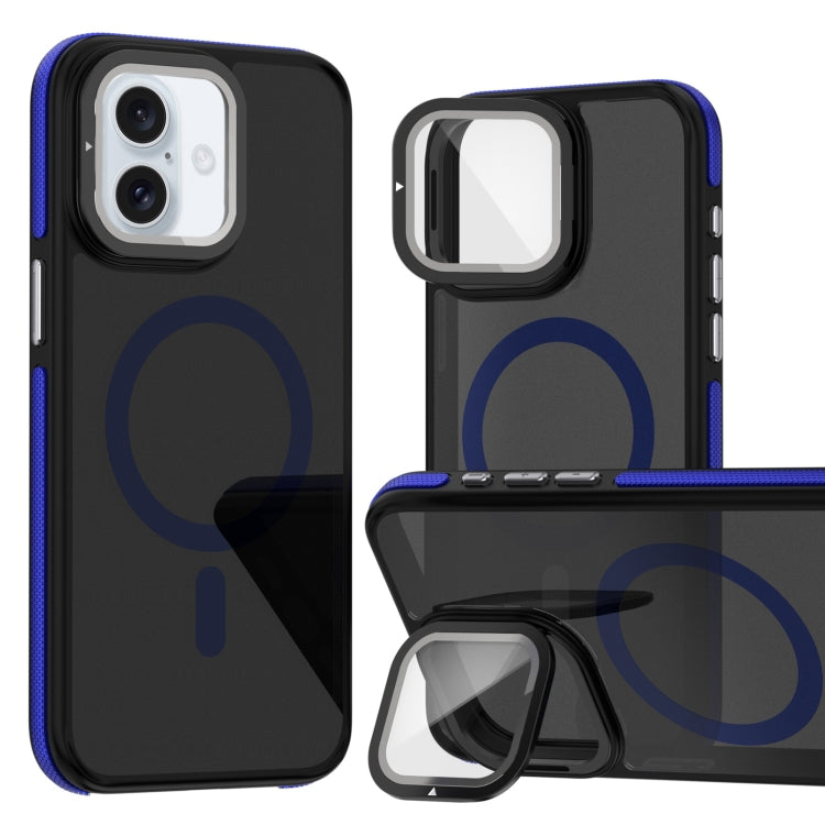 For iPhone 16 Plus Magsafe Dual-Color Skin Feel Lens Film Phone Case with Lens Fold Holder