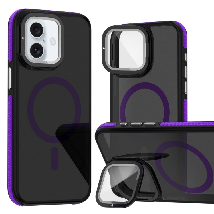 For iPhone 16 Plus Magsafe Dual-Color Skin Feel Lens Film Phone Case with Lens Fold Holder