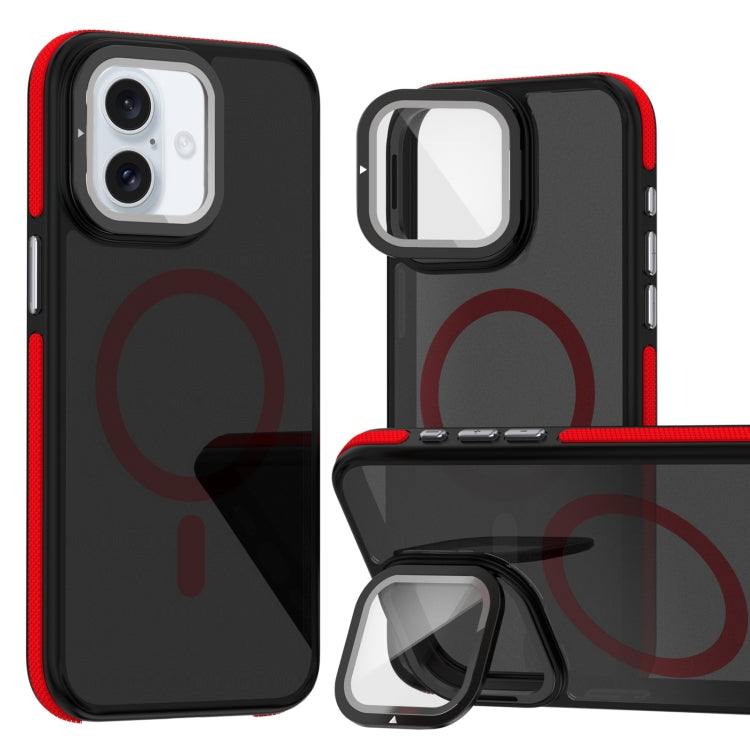 For iPhone 16 Plus Magsafe Dual-Color Skin Feel Lens Film Phone Case with Lens Fold Holder