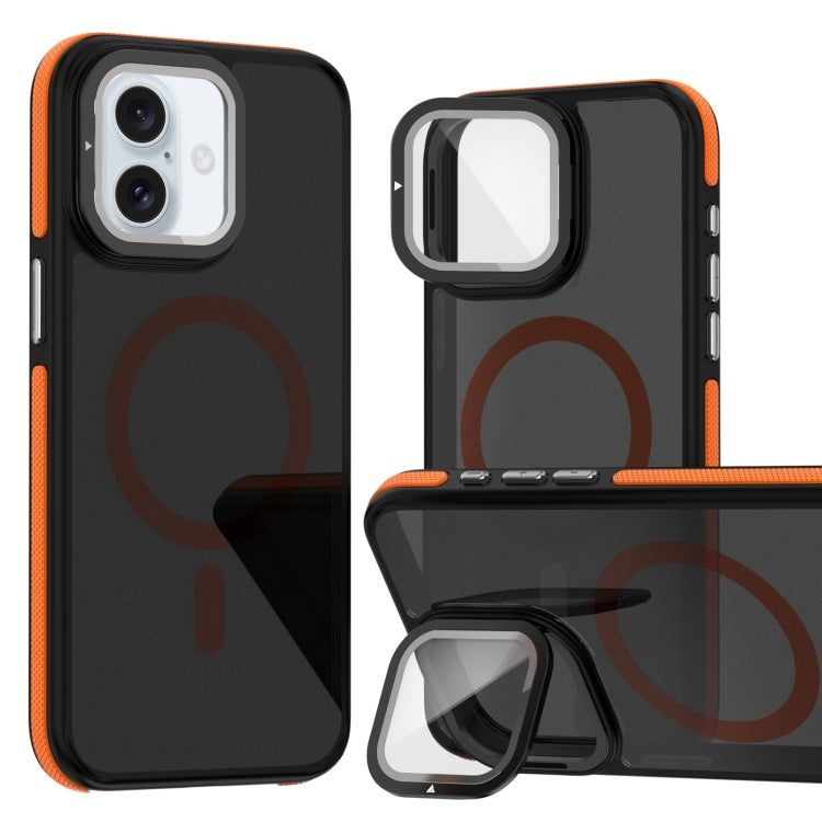 For iPhone 16 Magsafe Dual-Color Skin Feel Lens Film Phone Case with Lens Fold Holder