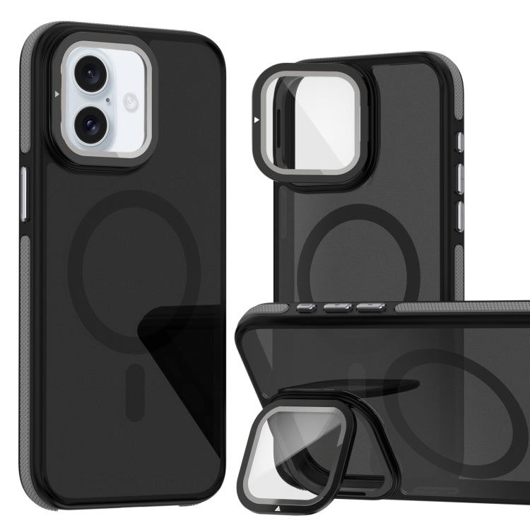 For iPhone 16 Magsafe Dual-Color Skin Feel Lens Film Phone Case with Lens Fold Holder
