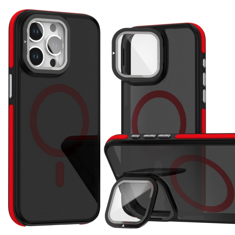 For iPhone 15 Pro Magsafe Dual-Color Skin Feel Lens Film Phone Case with Lens Fold Holder