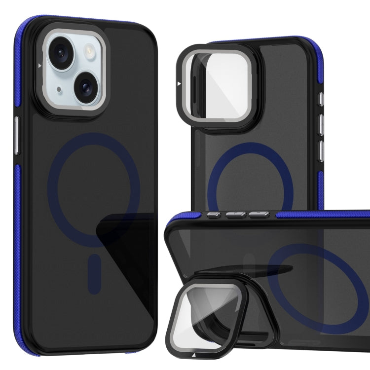 For iPhone 15 Plus Magsafe Dual-Color Skin Feel Lens Film Phone Case with Lens Fold Holder