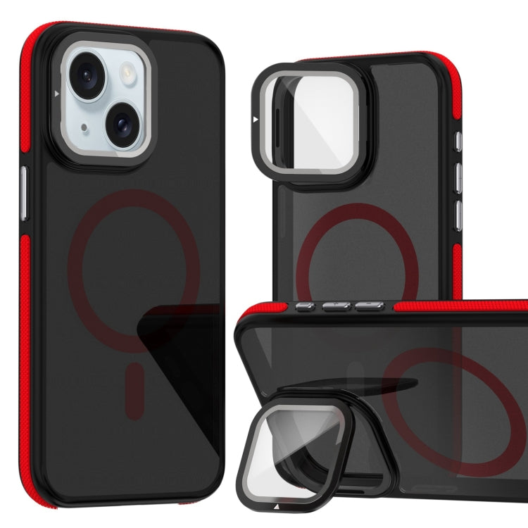 For iPhone 15 Plus Magsafe Dual-Color Skin Feel Lens Film Phone Case with Lens Fold Holder