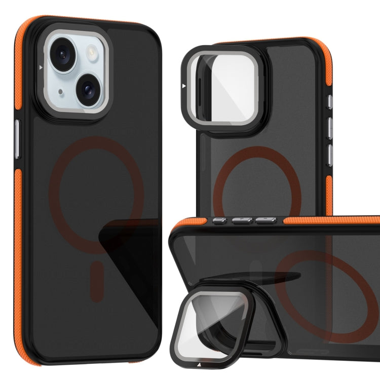 For iPhone 15 Magsafe Dual-Color Skin Feel Lens Film Phone Case with Lens Fold Holder