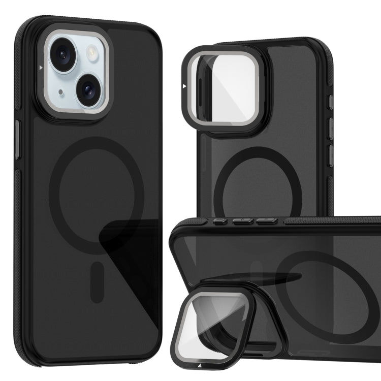 For iPhone 15 Magsafe Dual-Color Skin Feel Lens Film Phone Case with Lens Fold Holder