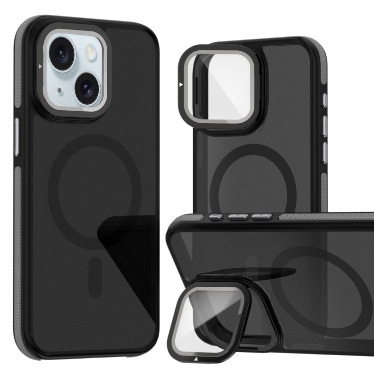 For iPhone 15 Magsafe Dual-Color Skin Feel Lens Film Phone Case with Lens Fold Holder