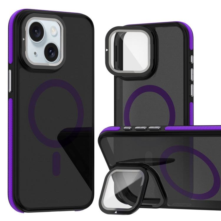 For iPhone 15 Magsafe Dual-Color Skin Feel Lens Film Phone Case with Lens Fold Holder