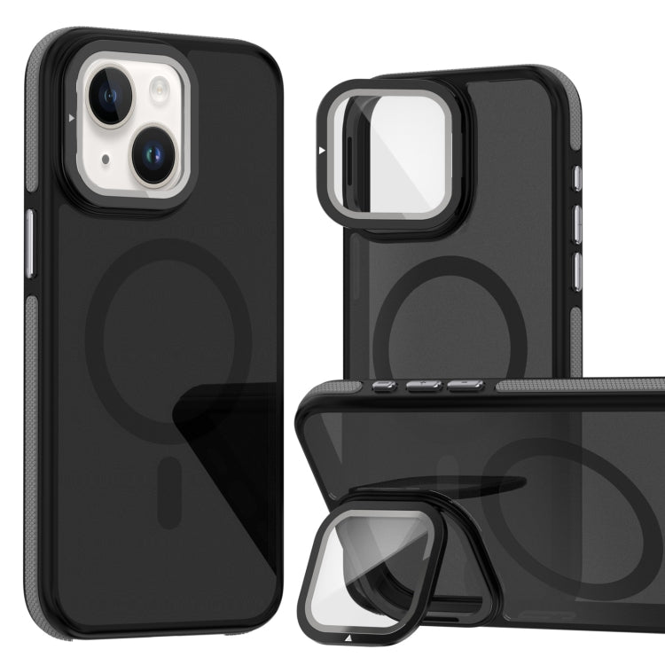 For iPhone 14 Plus Magsafe Dual-Color Skin Feel Lens Film Phone Case with Lens Fold Holder