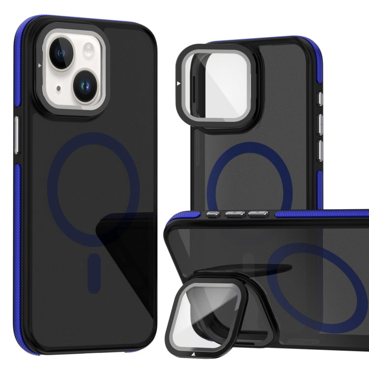 For iPhone 14 Plus Magsafe Dual-Color Skin Feel Lens Film Phone Case with Lens Fold Holder