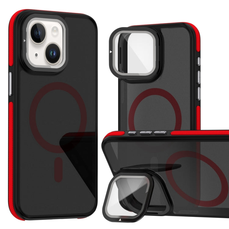 For iPhone 14 Plus Magsafe Dual-Color Skin Feel Lens Film Phone Case with Lens Fold Holder