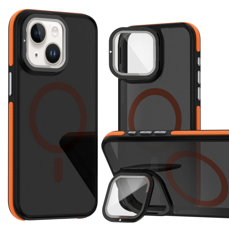 For iPhone 13 / 14 Magsafe Dual-Color Skin Feel Lens Film Phone Case with Lens Fold Holder