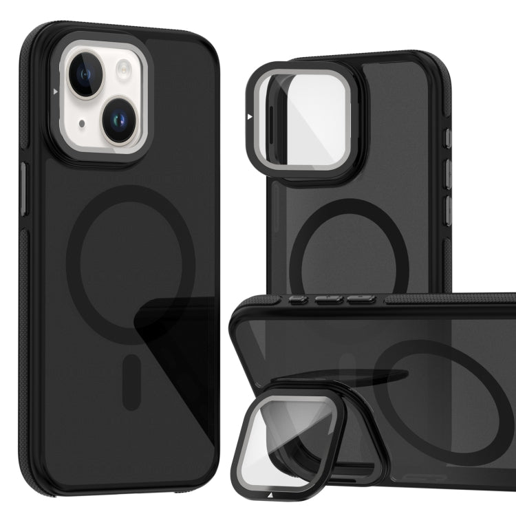 For iPhone 13 / 14 Magsafe Dual-Color Skin Feel Lens Film Phone Case with Lens Fold Holder