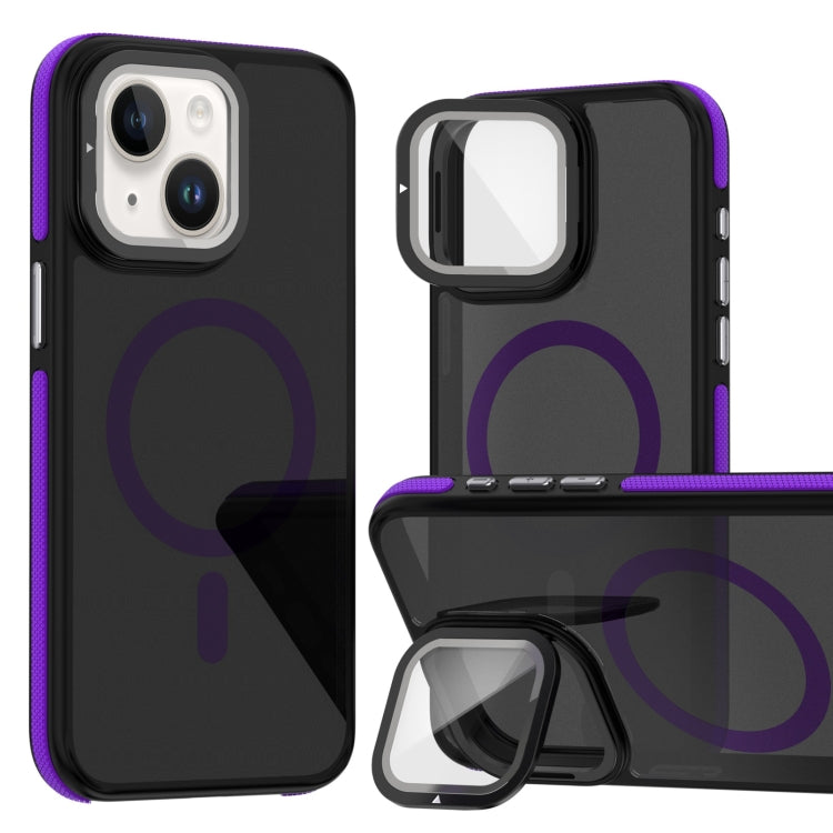 For iPhone 13 / 14 Magsafe Dual-Color Skin Feel Lens Film Phone Case with Lens Fold Holder