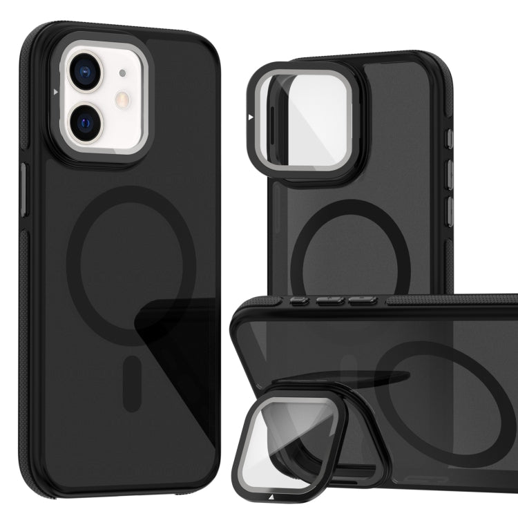 For iPhone 12 Pro / 12 Magsafe Dual-Color Skin Feel Lens Film Phone Case with Lens Fold Holder