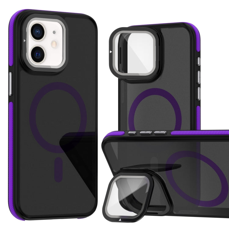 For iPhone 12 Pro / 12 Magsafe Dual-Color Skin Feel Lens Film Phone Case with Lens Fold Holder