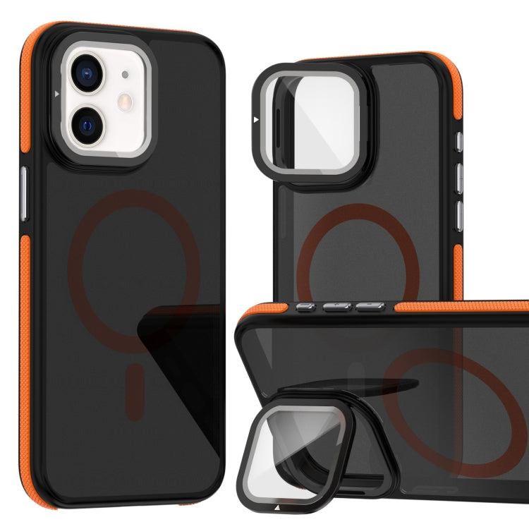 For iPhone 11 Magsafe Dual-Color Skin Feel Lens Film Phone Case with Lens Fold Holder