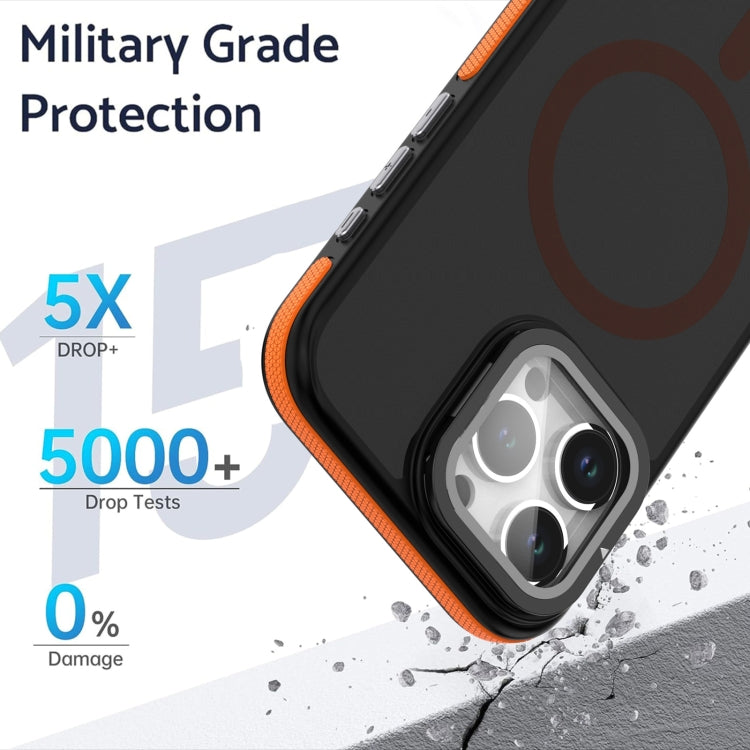 For iPhone 15 Plus Magsafe Dual-Color Skin Feel Lens Film Phone Case with Lens Fold Holder